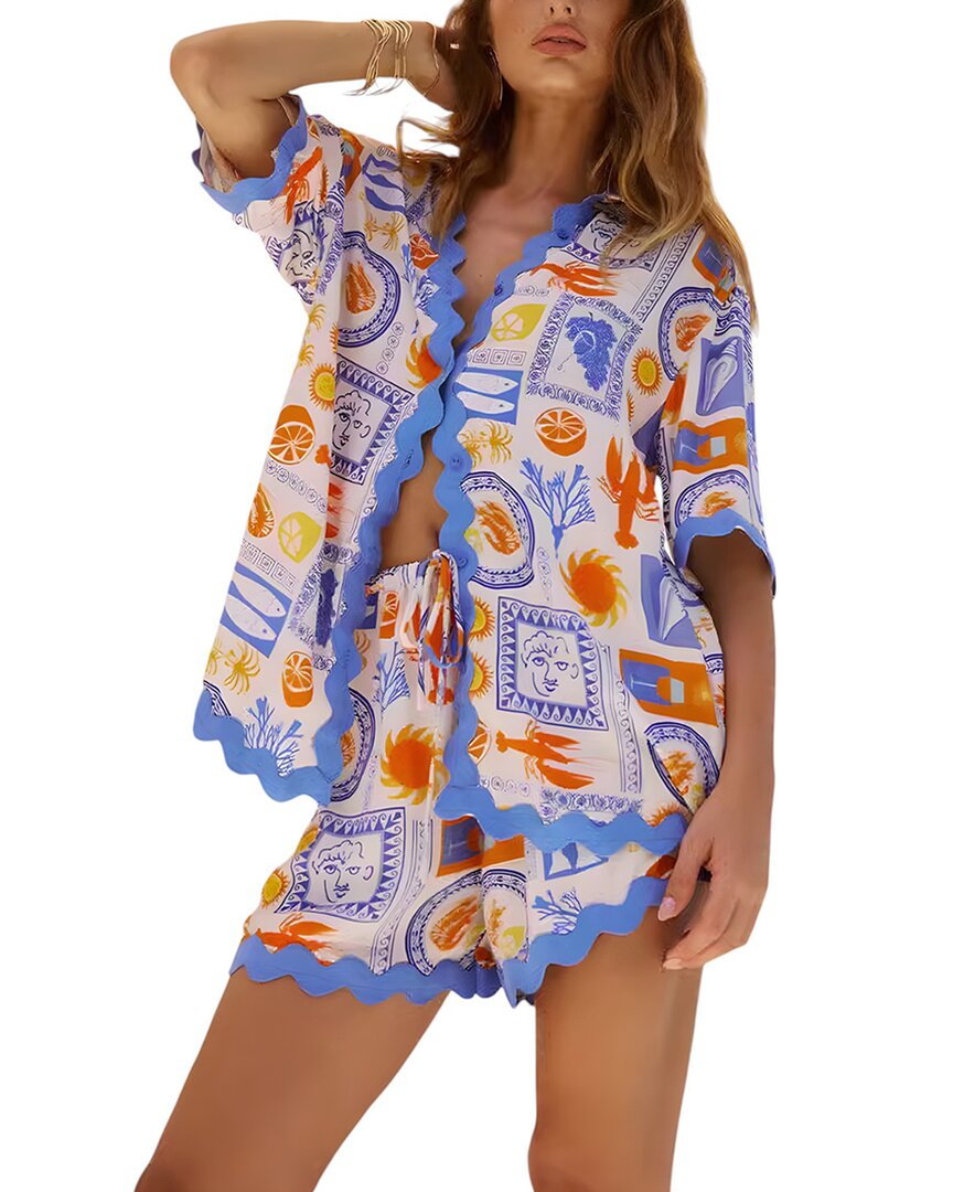Esea 2pc Linen-blend Shirt & Short Set In Blue