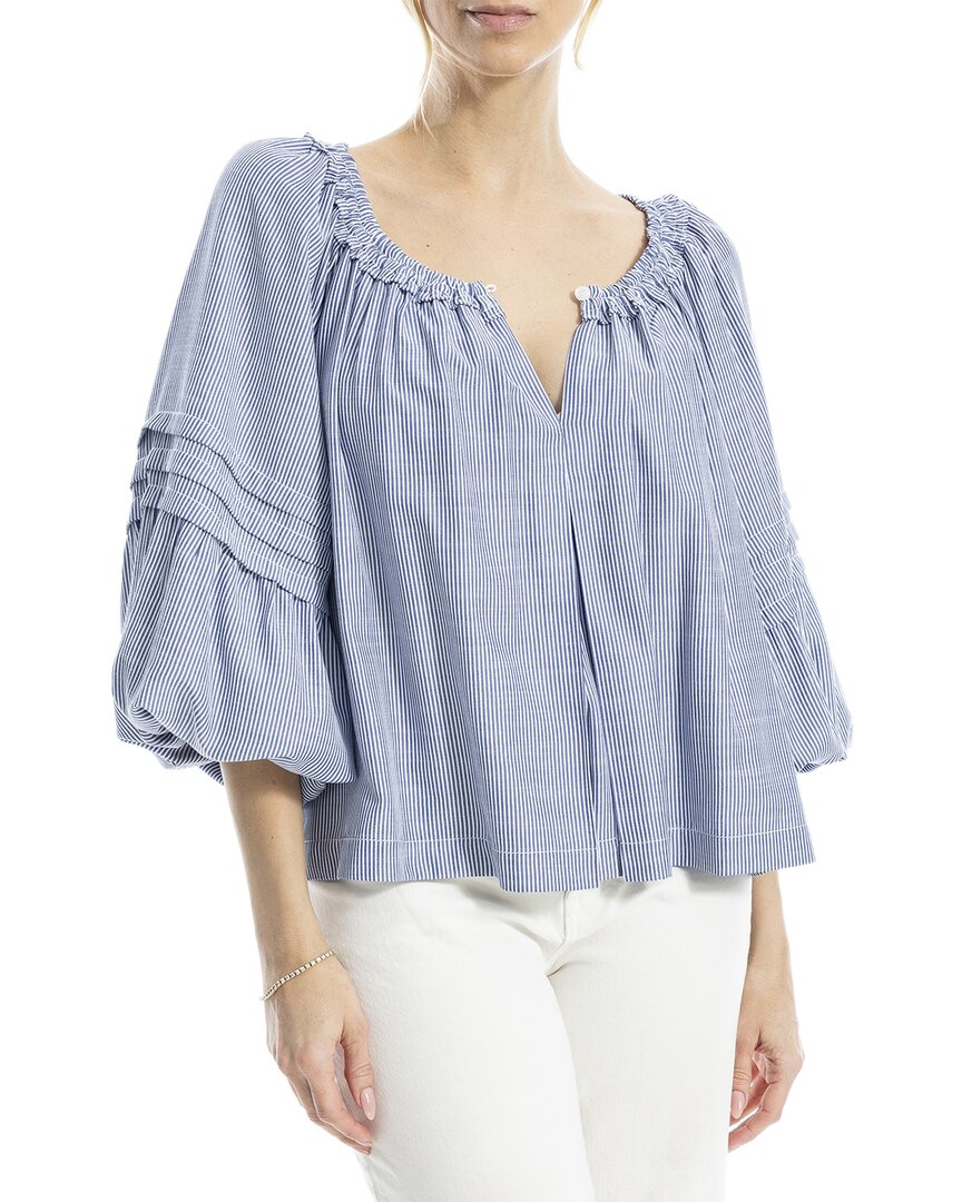 Max Studio Ballon Sleeve Notch Neck Blouse In Blue