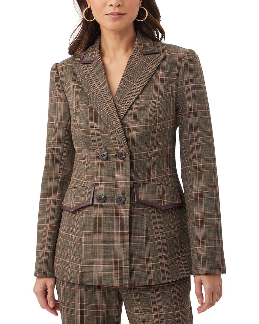 Trina Turk Cassy Plaid Faux Leather Trim Double Breasted Blazer In Multi