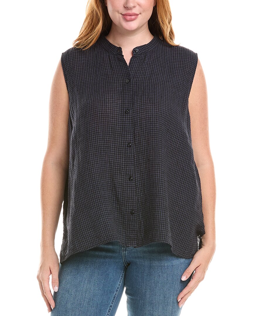 Eileen Fisher Plus Mandarin Collar Linen Shirt In Blue