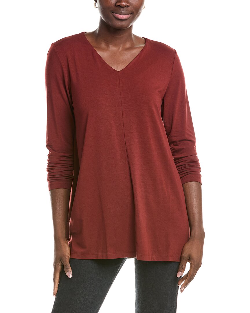 Eileen Fisher Long Sleeve V-neck Tunic Top In Brown