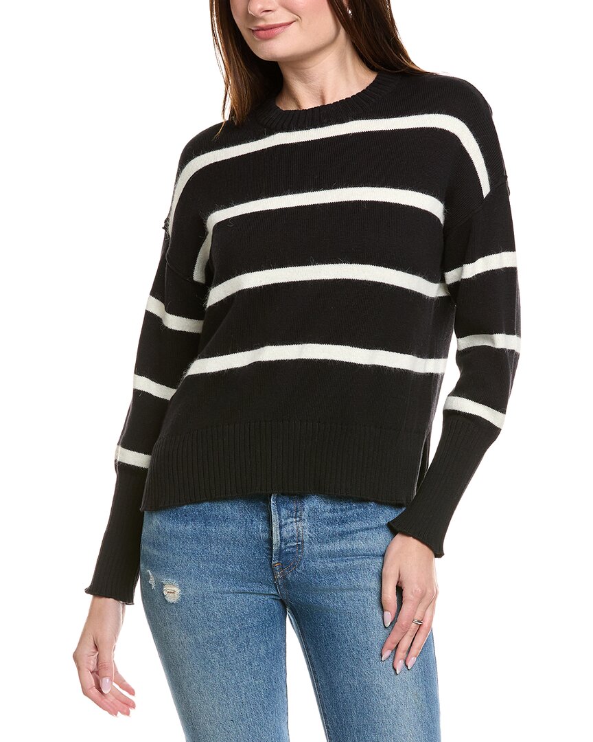 Hannah Rose Drop Shoulder Stripe Crewneck Cashmere-blend Sweater In Black