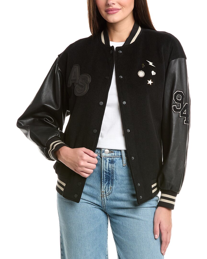 Allsaints Valeria Leather Sleeve Wool-blend Varsity Jacket In Black