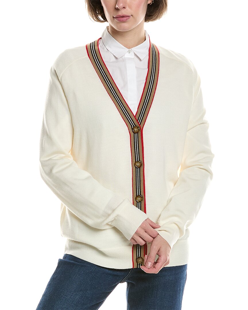 Burberry Icon Stripe Wool Cardigan In White