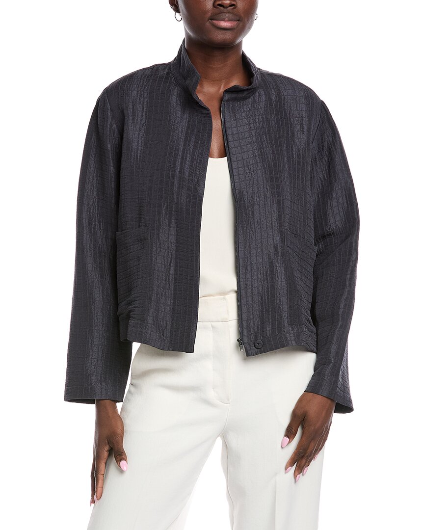 Eileen Fisher Stand Collar Silk & Linen-blend Jacket In Blue