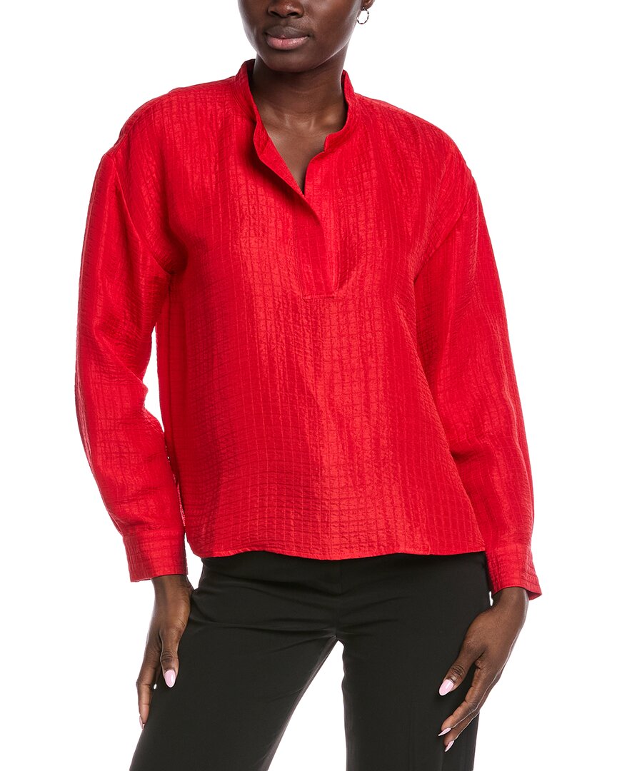 Eileen Fisher Textured Silk-organic Linen Top In Red