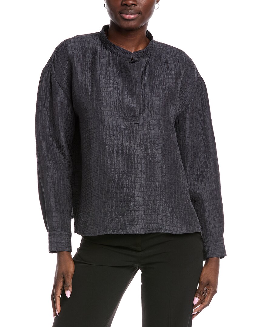 Eileen Fisher Mandarin Collar Silk & Linen-blend Top In Blue