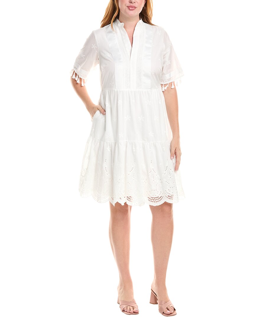 Tahari Asl Eyelet Embroidery Tiered Cotton Shift Dress In White