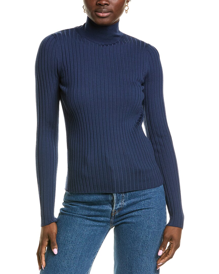 Lafayette 148 New York Wool Ribbed Split Stand Collar Sweater In Blue