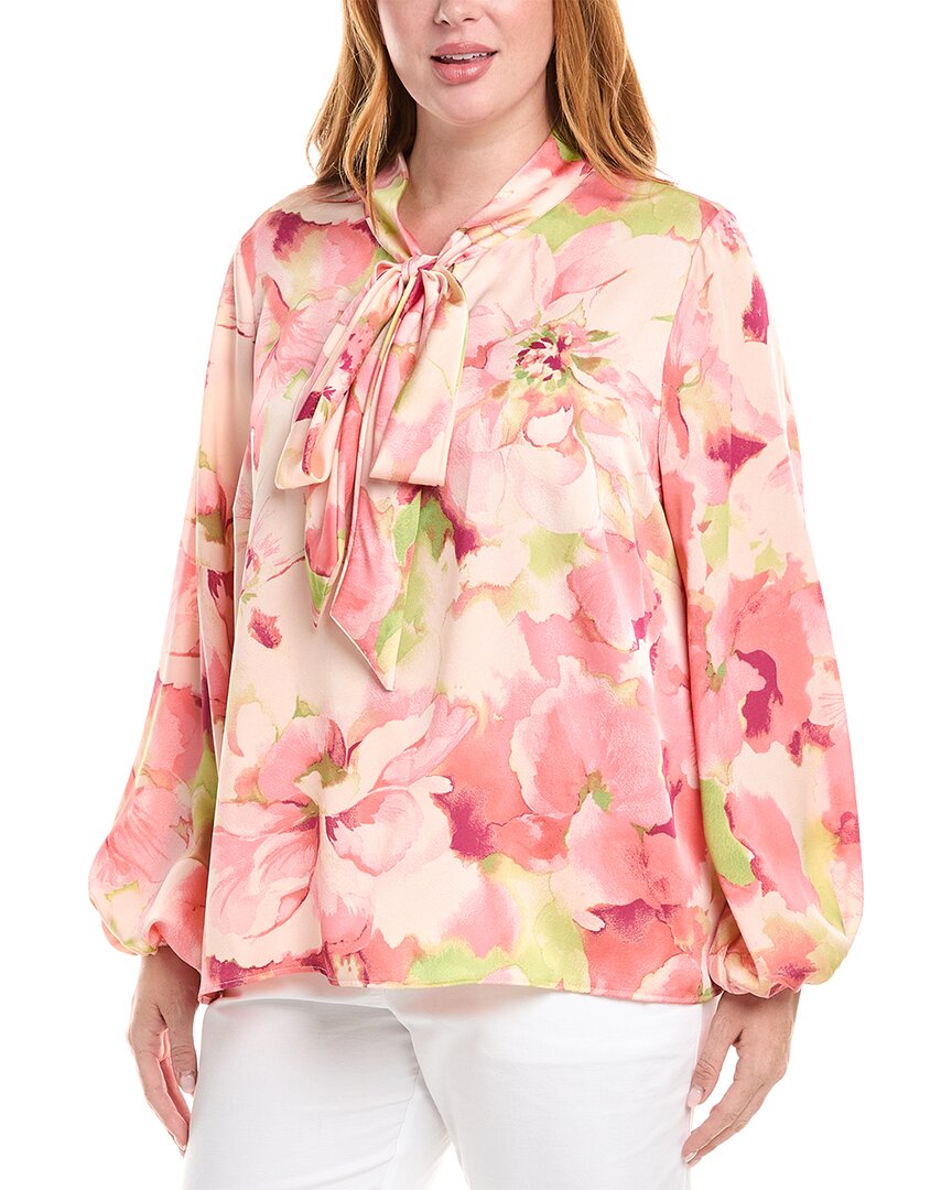 Tahari Asl Floral Bow Neck Charmeuse Top In Pink