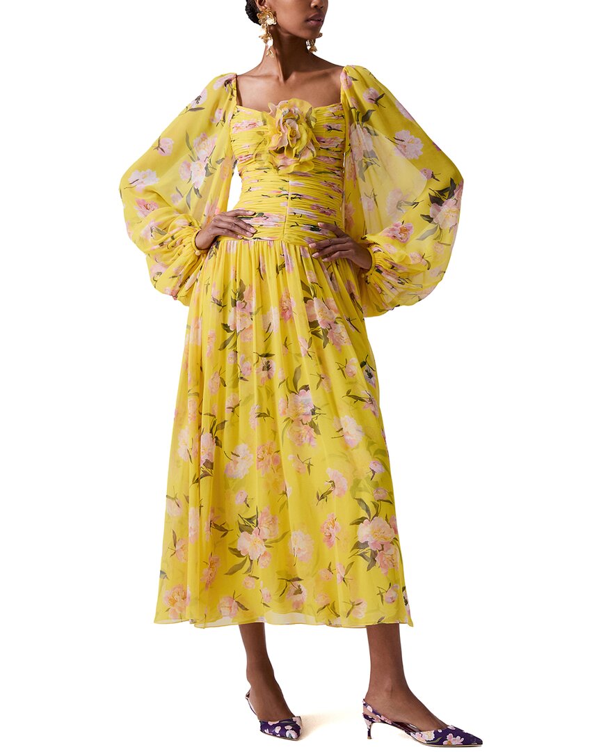 Carolina Herrera Puff Sleeve Full Gathered Silk Midi Dress In Yellow