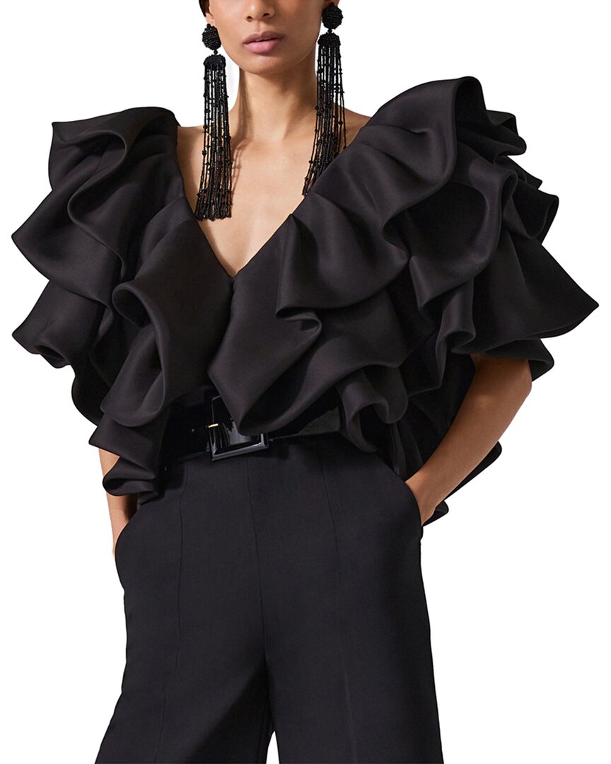 Carolina Herrera V-neck Folded Ruffle Silk Top In Black