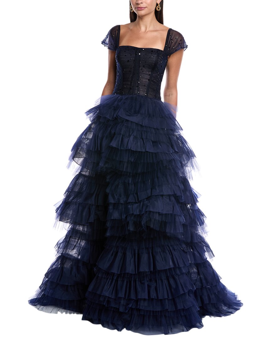Carolina Herrera Off-shoulder Pleated Tulle Ruffle Gown In Blue