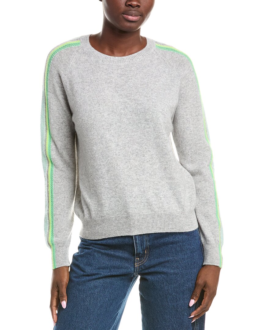 Brodie Cashmere Mesh Stripe Sleeve Cashmere Sweater In Gray