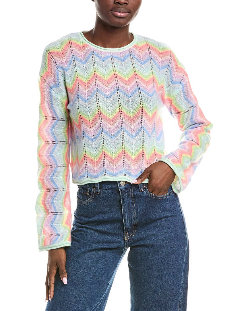 Brodie Cashmere Rainbow Chevron Slash Neck Sweater In Apple Mist Neon In Multi
