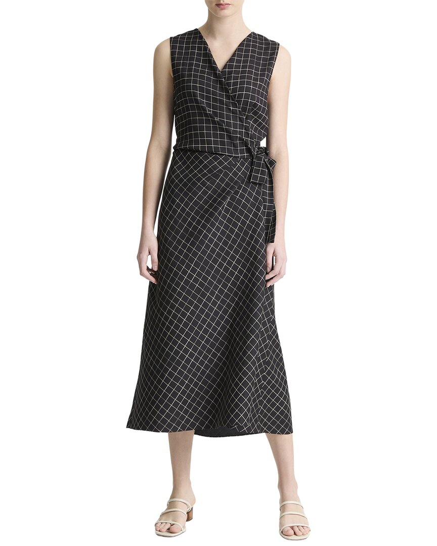 Vince Trellis Plaid Sleeveless Drape Wrap Dress In Black