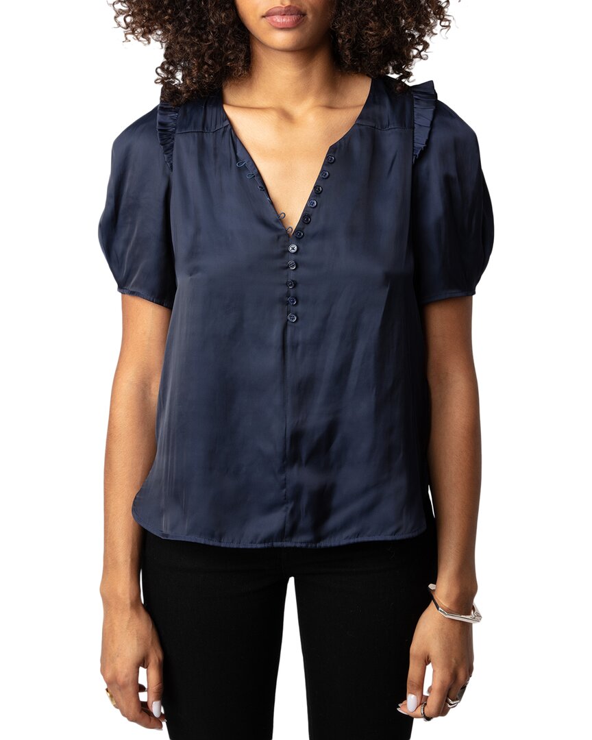 Zadig & Voltaire Twity Split Neck Pleated Satin Top In Blue