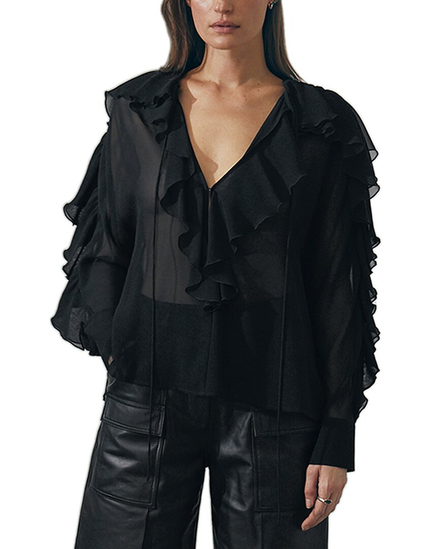 Reiss Kiani Ruffle Long Sleeve Silk Top In Black