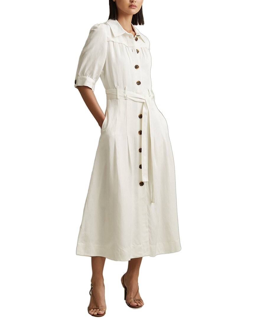 Reiss Malika Linen-blend Cap Sleeve Linen Belted Midi Dress In White