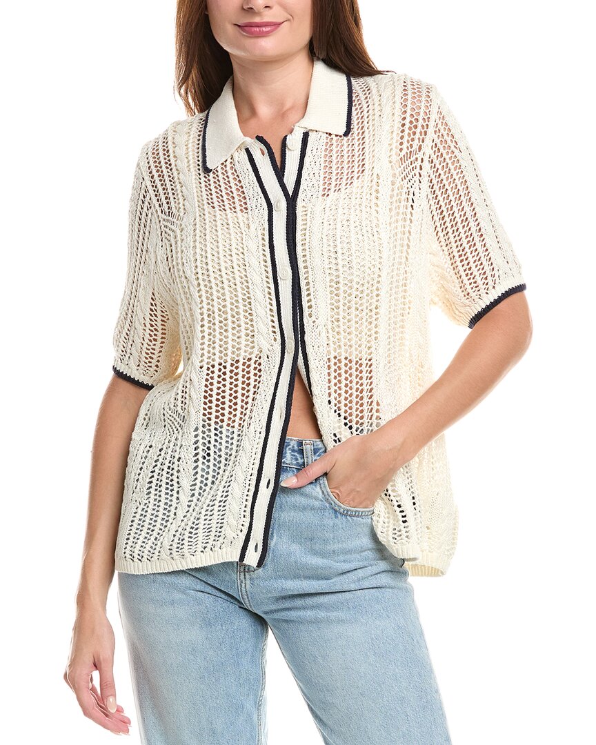 Reiss Erica Linen Stitch Interest Tipped Collared Top In White