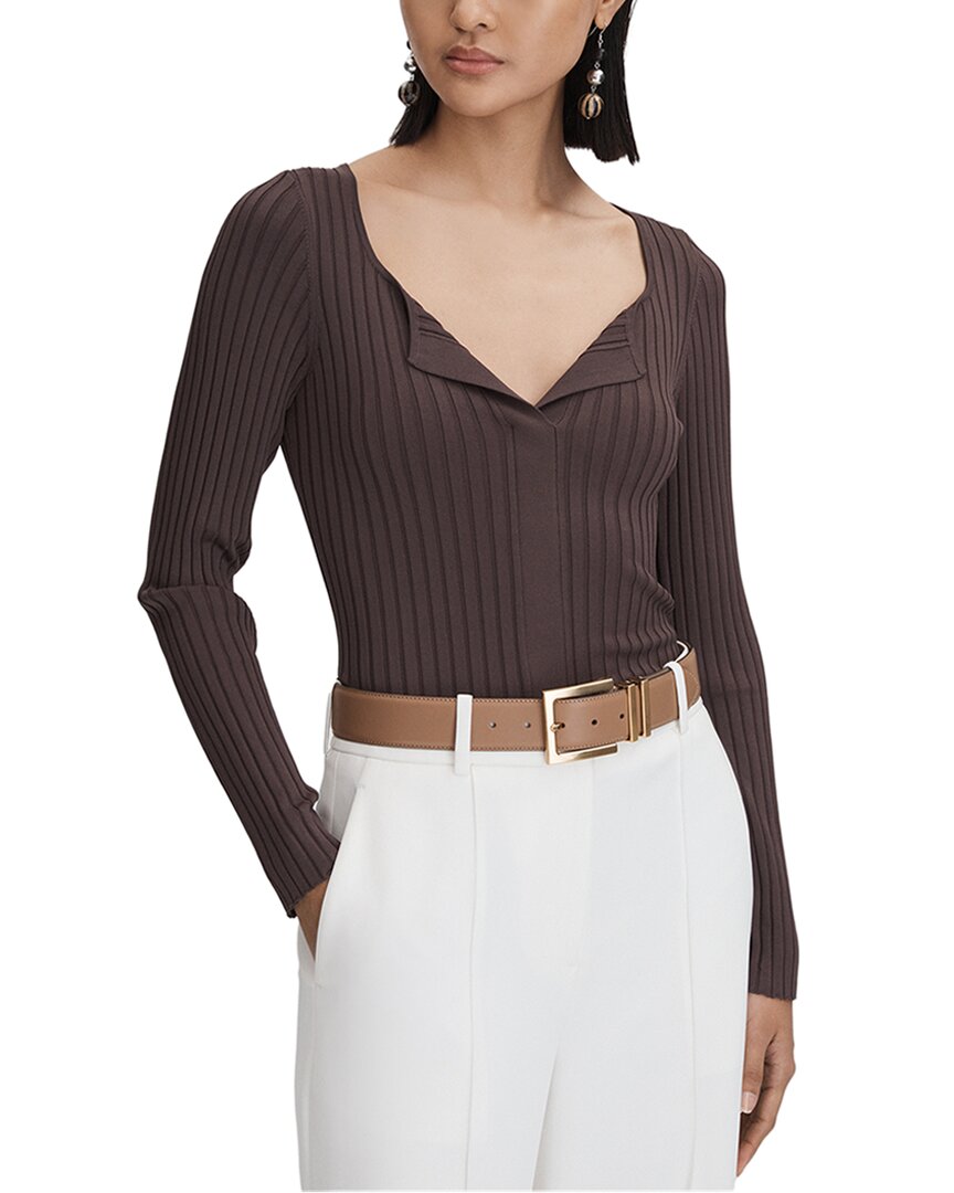 Reiss Burgundy Ribbed Open Collar Top In Red