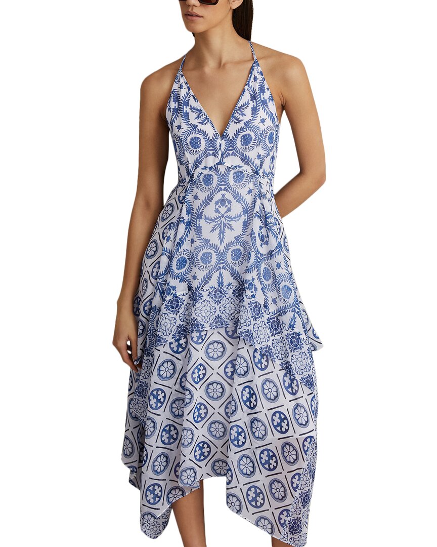 Reiss Blue Side Pleat Asymmetric Midi Dress In Blue