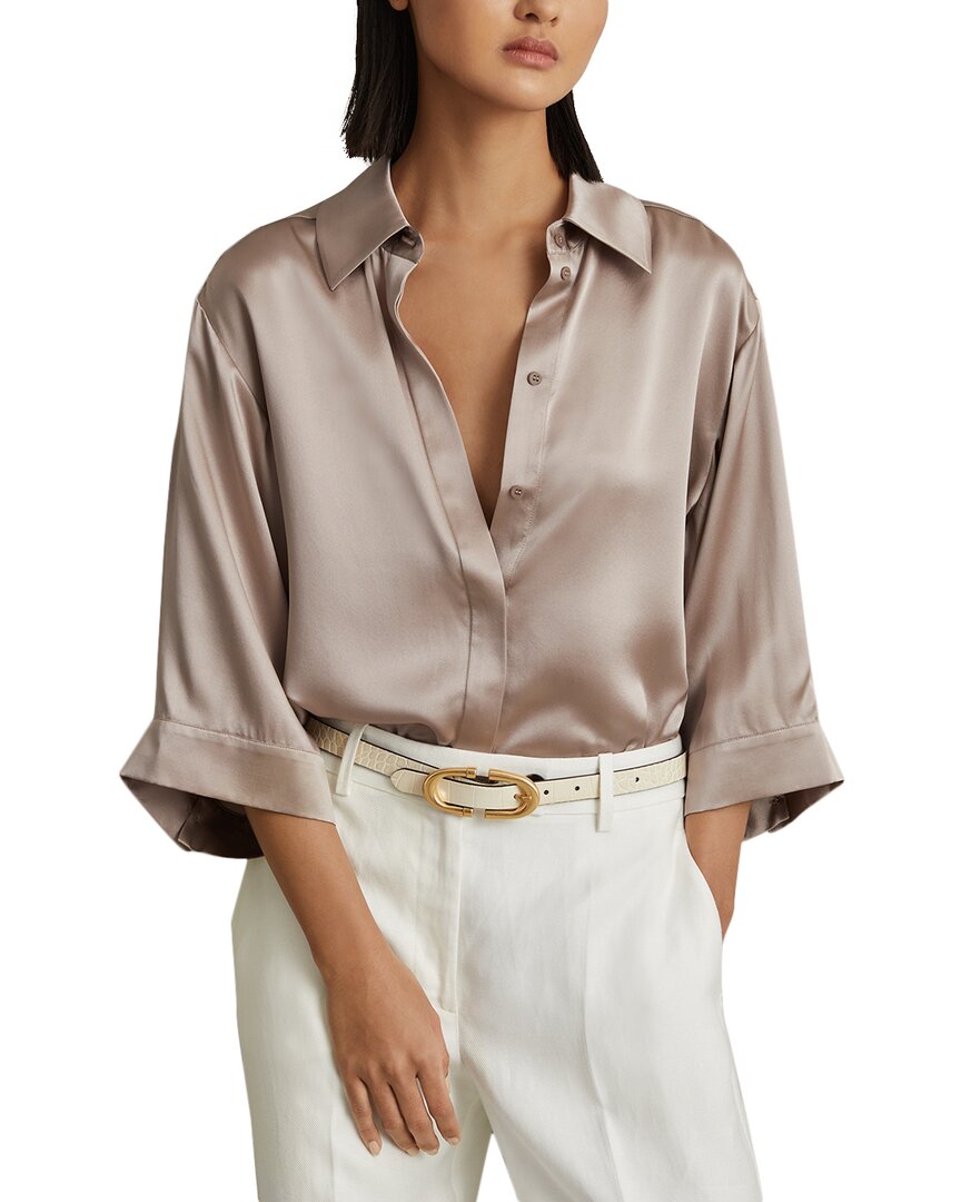 Reiss Winnie Wide Sleeve Silk Shirt In Brown