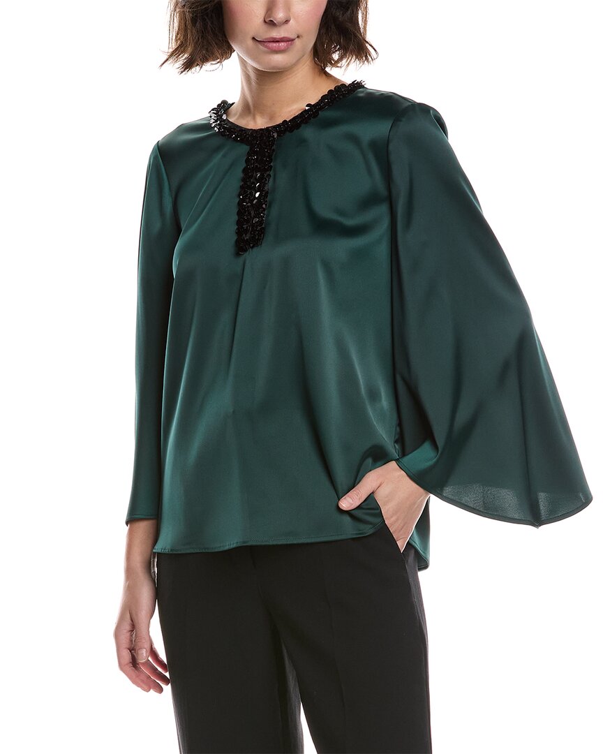 Anne Klein Sequin Accent Flutter Sleeve Satin Top In Green