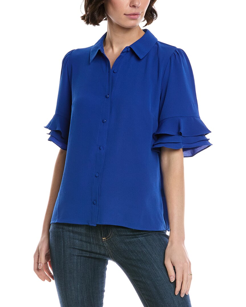 Cece 3/4-sleeve Button Front Collared Top In Blue