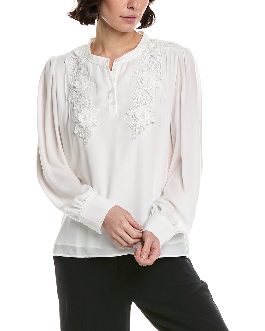 Cece Half Placket Smocked Accent Top In White