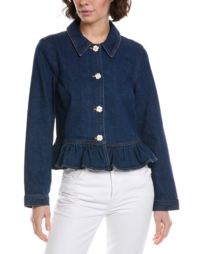 Cece Collared Peplum Denim Jacket In Blue