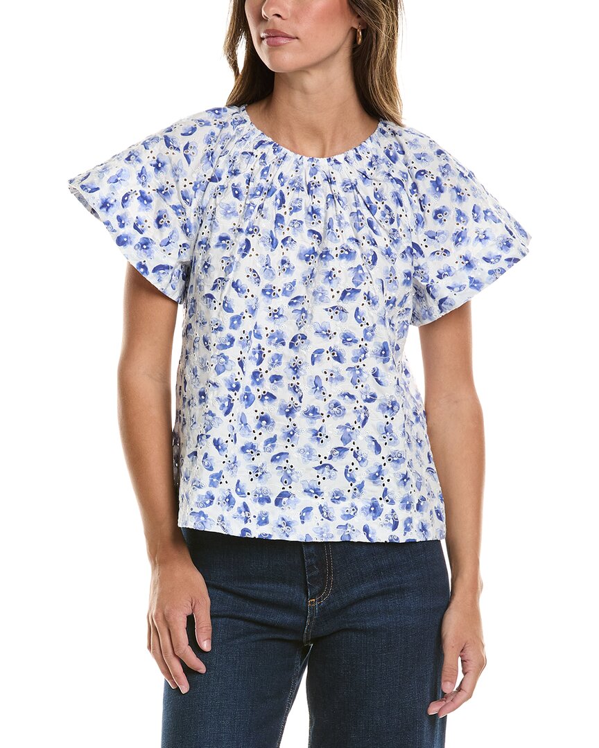 Cece Printed Eyelet Short Sleeve Top In Blue