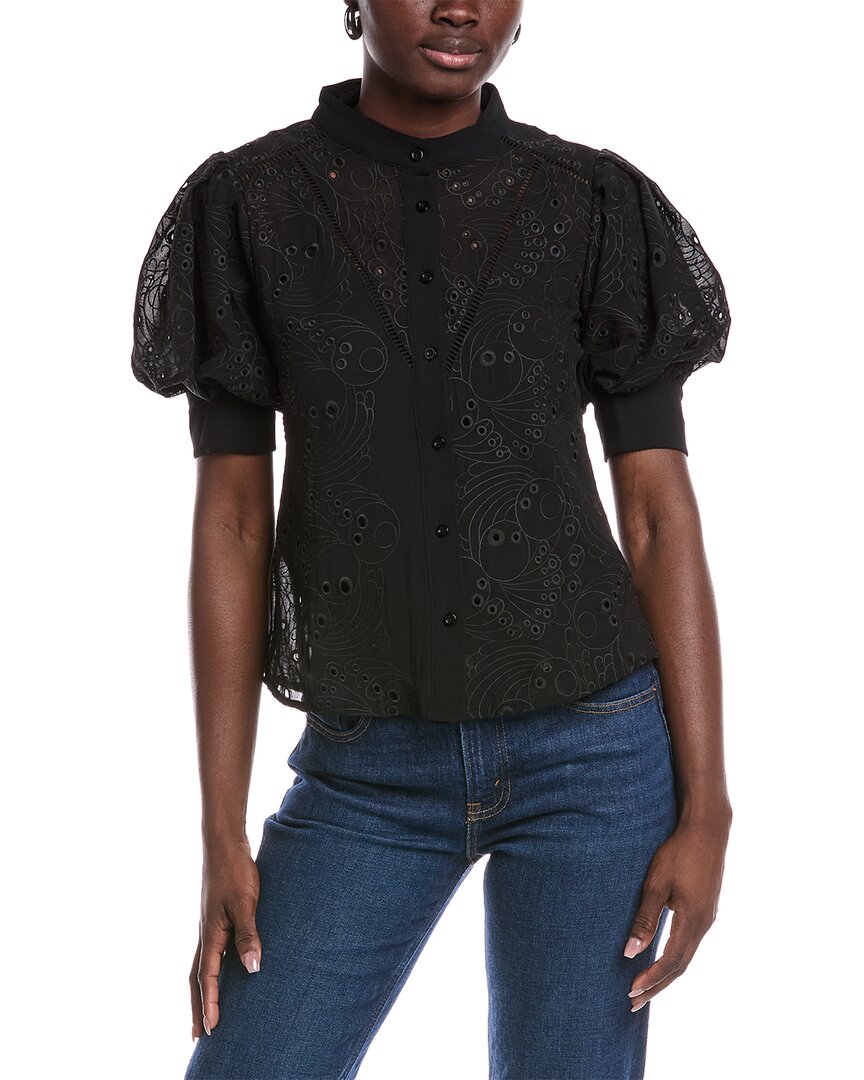 Gracia Puff Sleeve Eyelet Blouse In Black