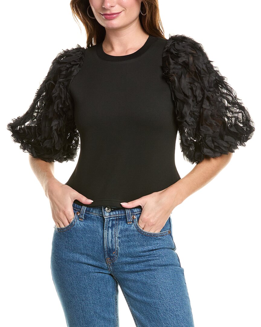Gracia Wavey Applique Sleeve Top In Black