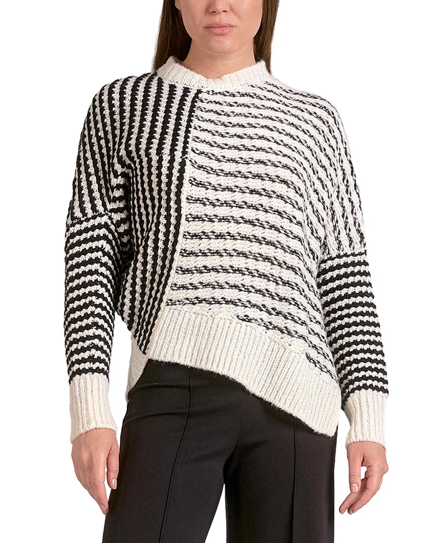Elan Mara Round Neck Sweater In Black White Stripe In Black