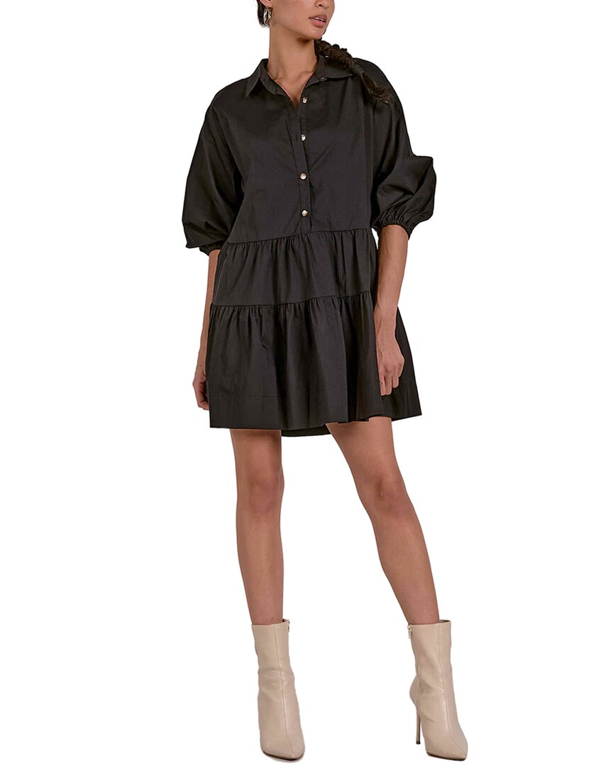 Elan Collared Button Front Tier Dress In Black In Black