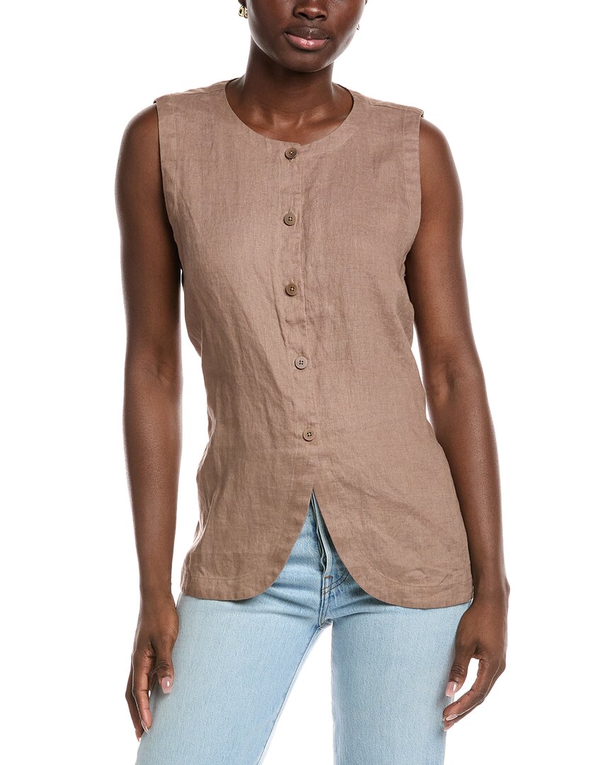 Eileen Fisher Round Neck Linen Long Vest In Brown