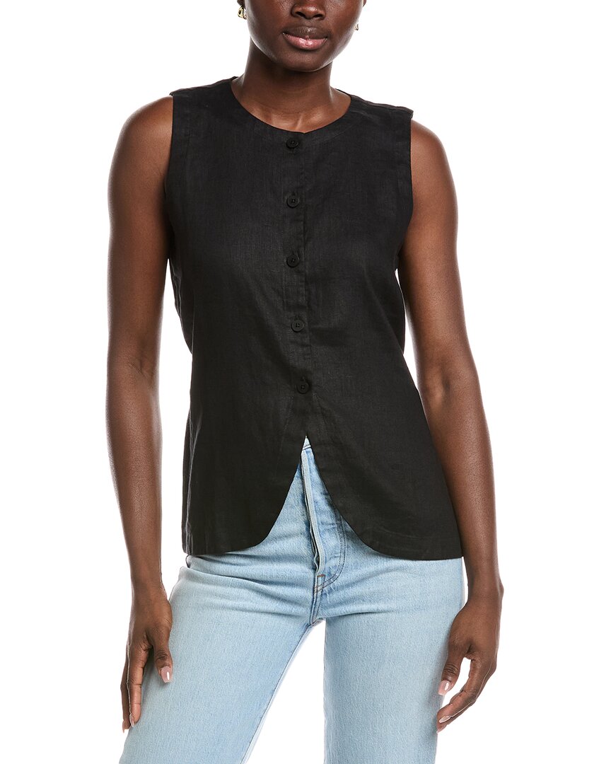 Eileen Fisher Petite Round Neck Linen Long Vest In Black