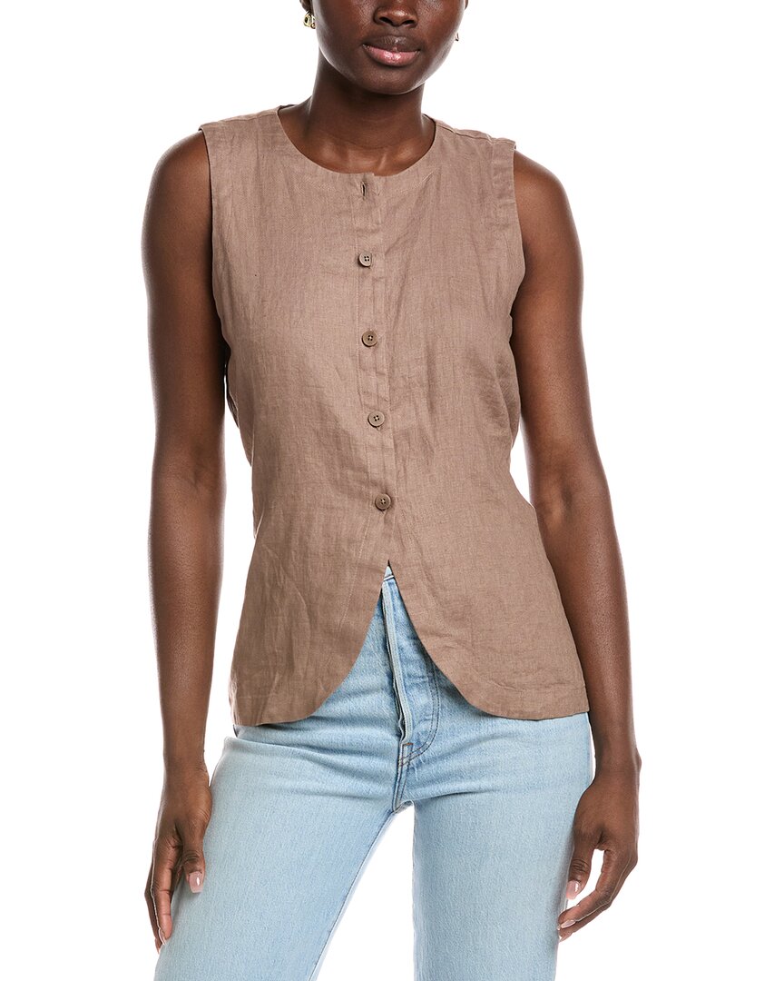 Eileen Fisher Petite Round Neck Linen Long Vest In Brown