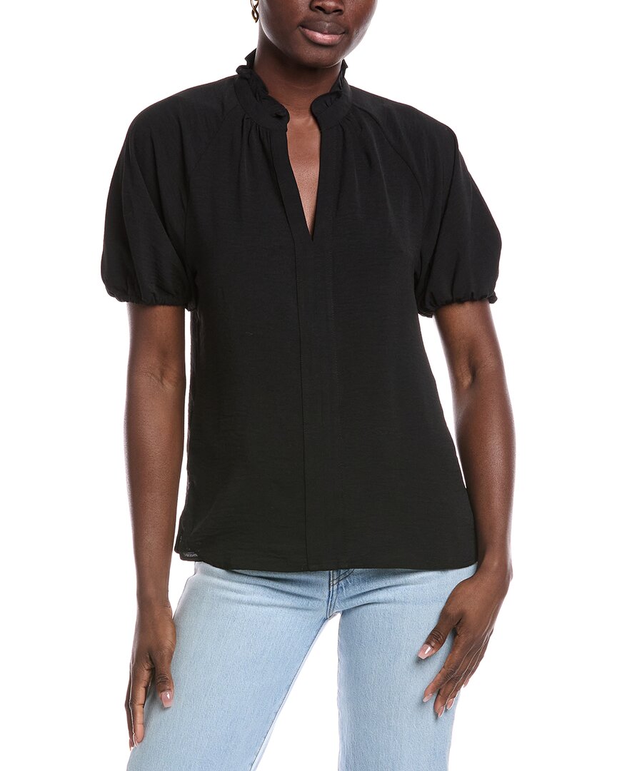 Cece Ruffle Neck Raglan Seam Split Neck Blouse In Black