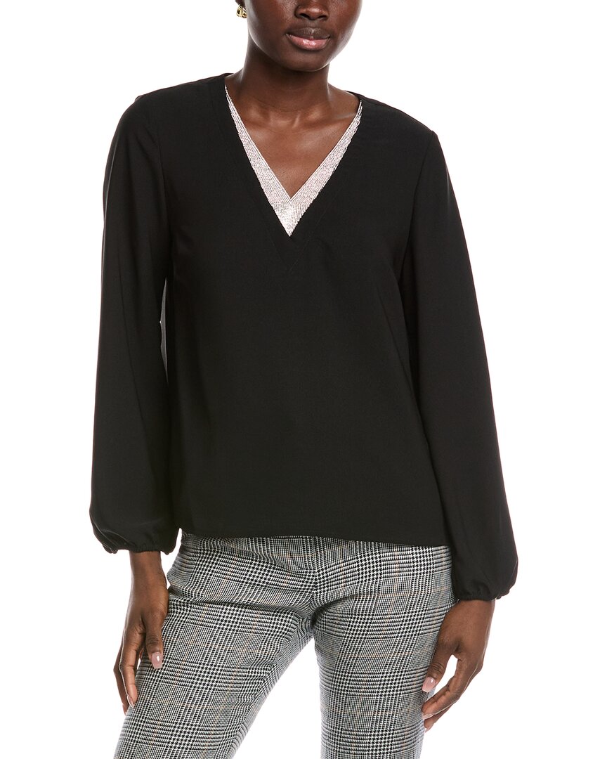 Vince Camuto Rhinestone Trimmed Long Sleeved Top In Black