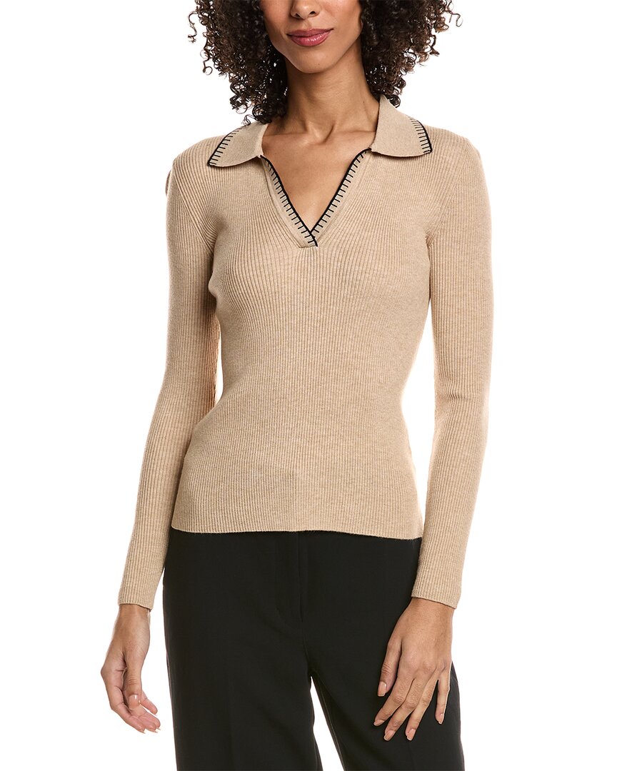 T Tahari Collar Rib Polo Sweater In Brown