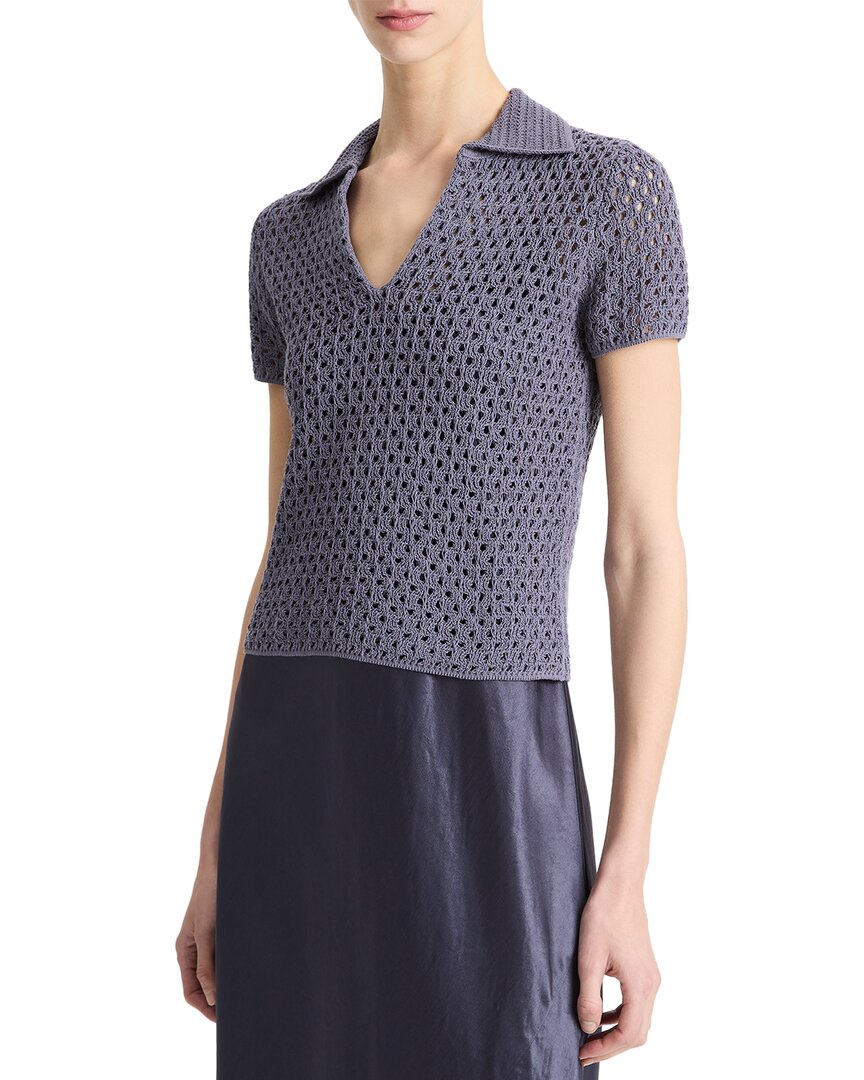 Vince Open Stitch Cotton Johnny Collar Sweater In Gray