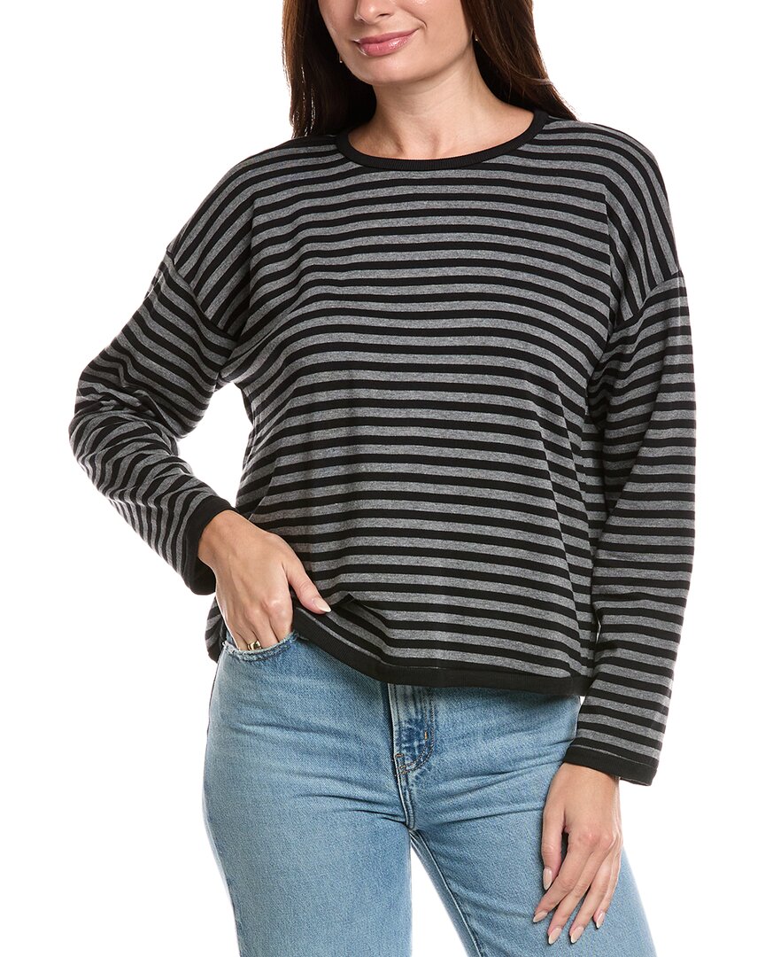 Eileen Fisher Petite Striped Cozy Brushed Terry Hug Box Top In Black