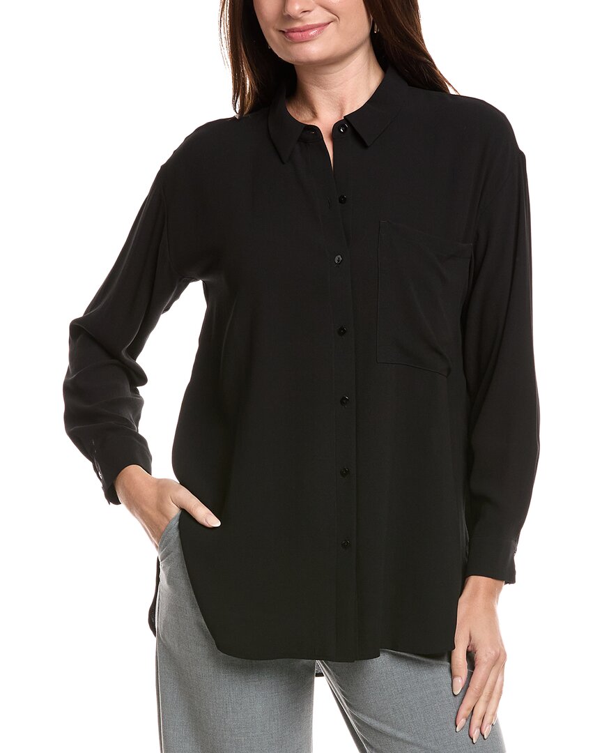Eileen Fisher Petite Classic Collar Long Silk Shirt In Black