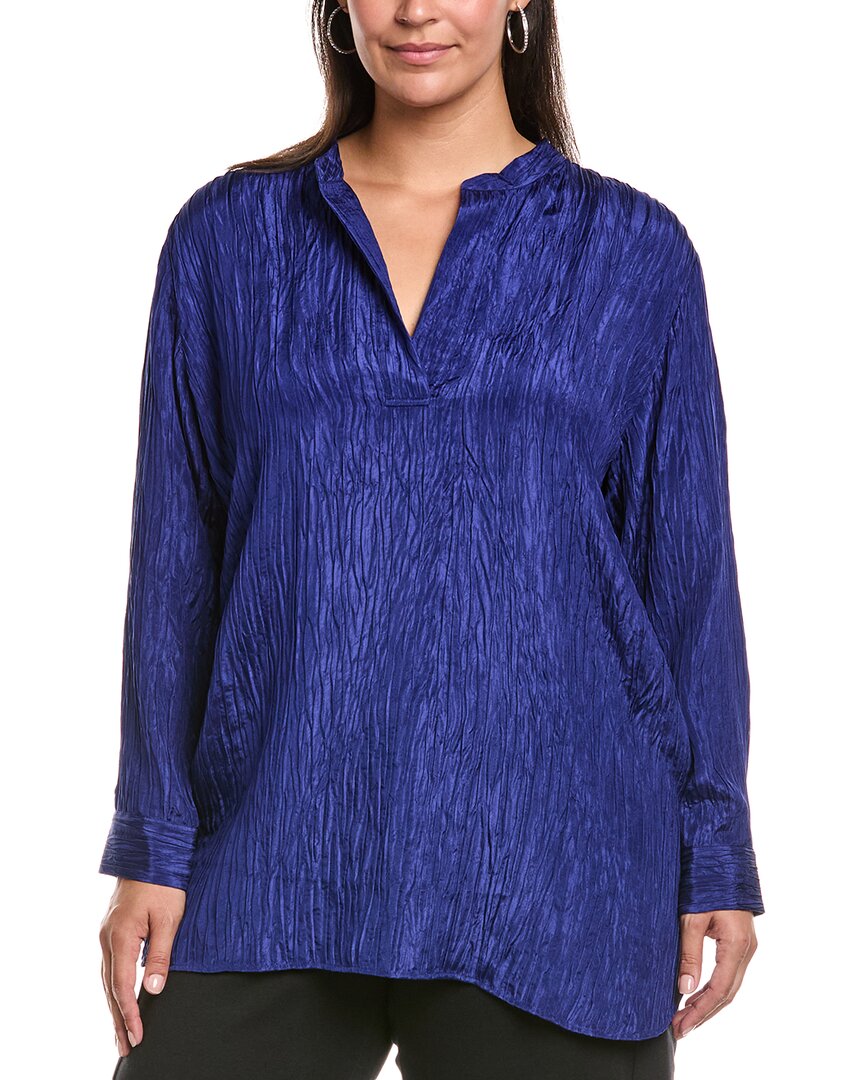 Eileen Fisher Plus Mandarin Collar Silk Tunic In Blue