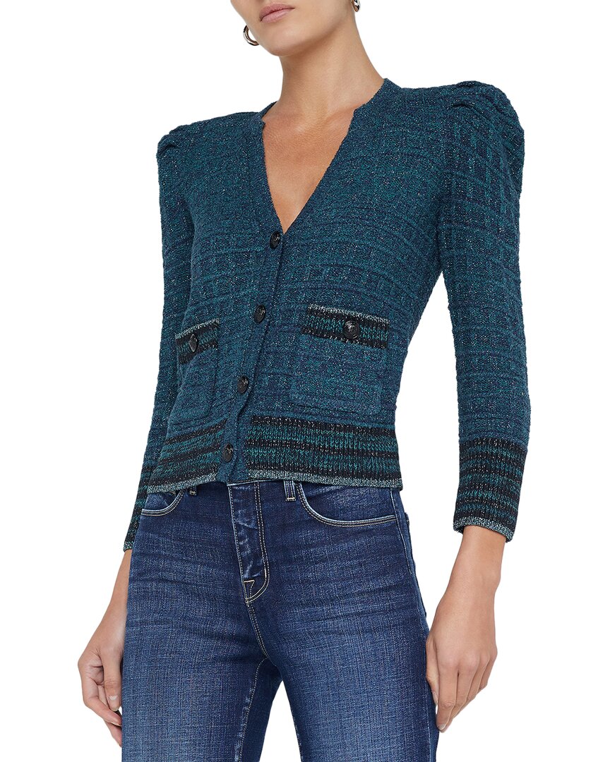 L Agence L'agence Jenni Puff Shoulder Waffle Stitch Cardigan In Blue