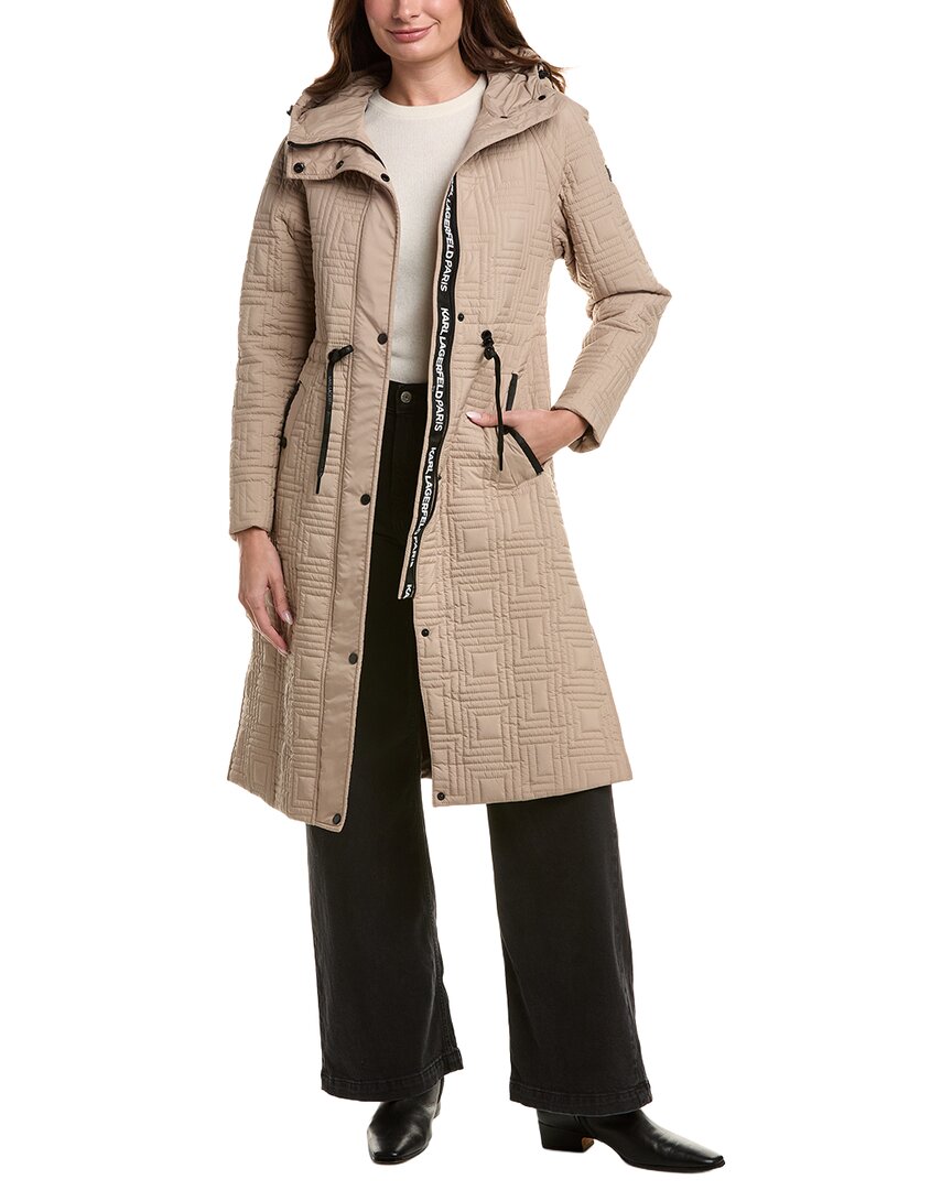Karl Lagerfeld Double L Quilted Hooded Long Anorak In Neutral
