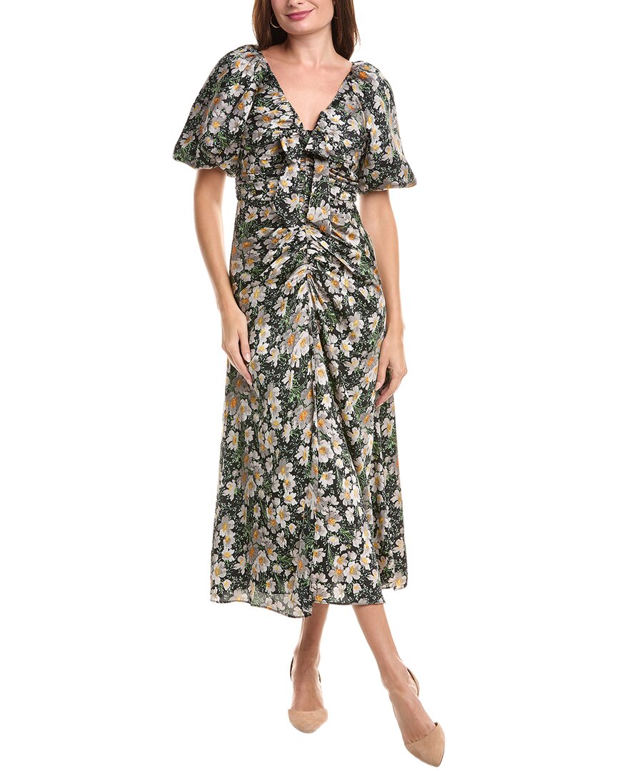 Cinq À Sept Brenton Cosmo Flower Puff Sleeve Ruched Midi Dress In Black