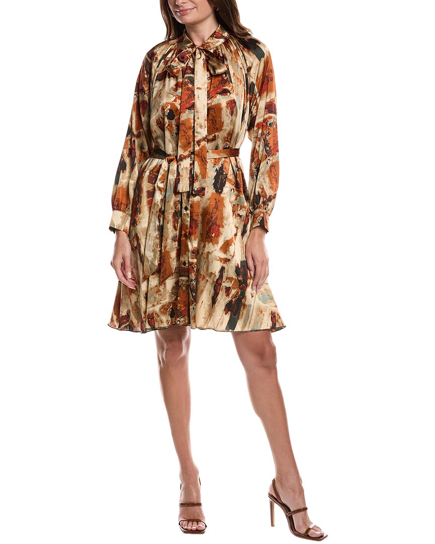 Gracia Satin Print Tie-neck Midi Dress In Neutral